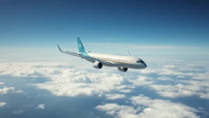 Modern commercial aircraft flying over Atlantic Ocean with clouds below, daytime, clear visibility, realistic photography