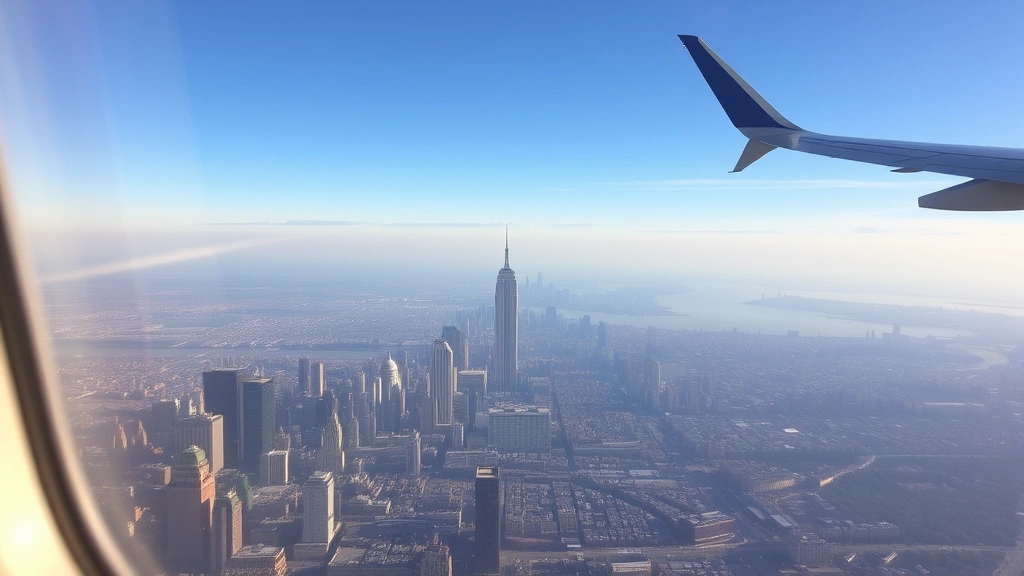 New York City skyline visible from airplane window during approach, Manhattan visible, realistic aerial photography of urban landscape