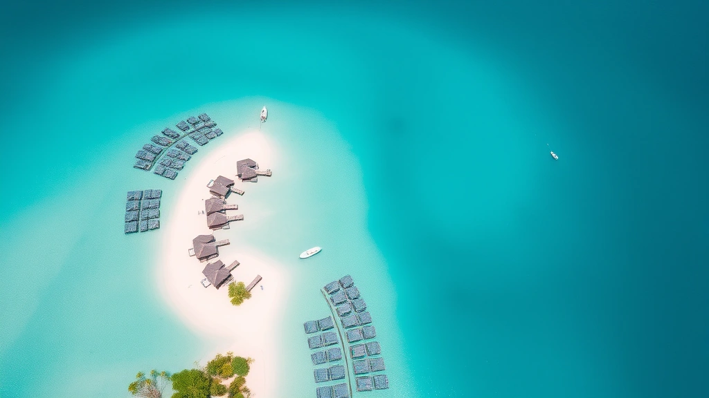 Aerial view of turquoise water with overwater bungalows and tropical island landscape, bright daylight, crystal clear shallow lagoon