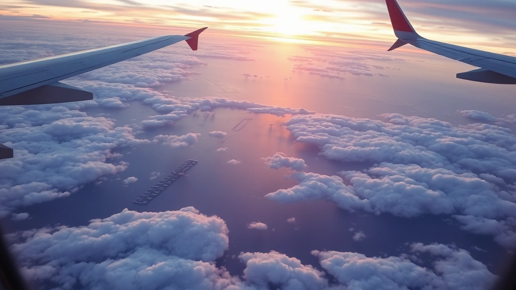 Airplane wing viewed from window seat above white clouds with ocean and islands visible below at sunset, golden hour lighting