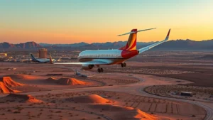 Professional travel photographer capturing a modern aircraft banking over desert landscape with Las Vegas skyline visible in distance during golden hour sunset, photorealistic commercial aviation