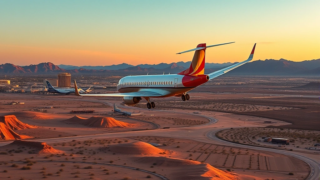 Professional travel photographer capturing a modern aircraft banking over desert landscape with Las Vegas skyline visible in distance during golden hour sunset, photorealistic commercial aviation