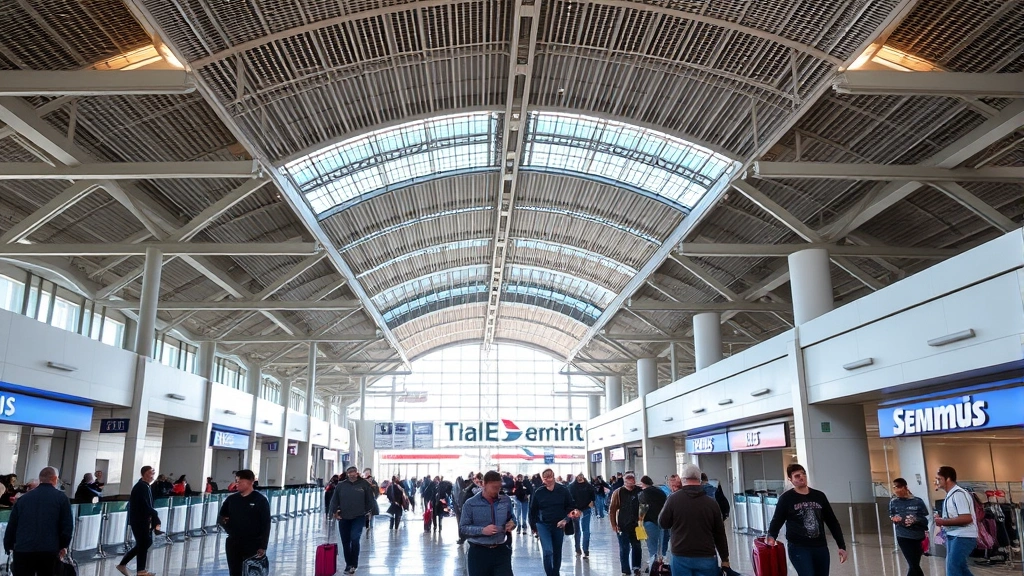 Busy Memphis International Airport terminal interior showing travelers with luggage walking through modern concourse with airline counters visible, natural daylight, bustling travel scene