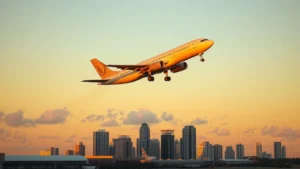 Modern aircraft taking off from Miami International Airport during golden hour sunset with clear Florida skies, commercial jet ascending with downtown Miami skyline visible below