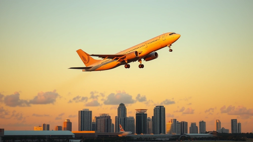 Modern aircraft taking off from Miami International Airport during golden hour sunset with clear Florida skies, commercial jet ascending with downtown Miami skyline visible below