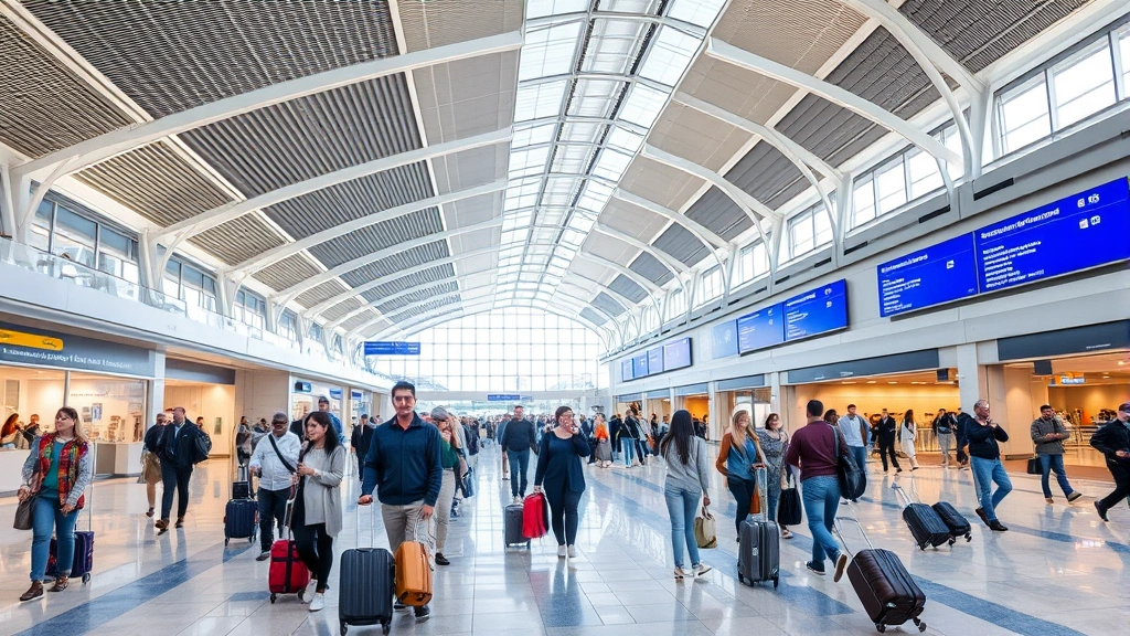 Busy airport terminal concourse showing passengers walking with luggage and rolling carry-ons, modern airport architecture with high ceilings and bright lighting, travelers at departure gates