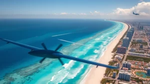 Aerial view of Miami coastline transitioning to turquoise Bahamas waters, small commercial aircraft flying over blue ocean, bright sunny day, photorealistic