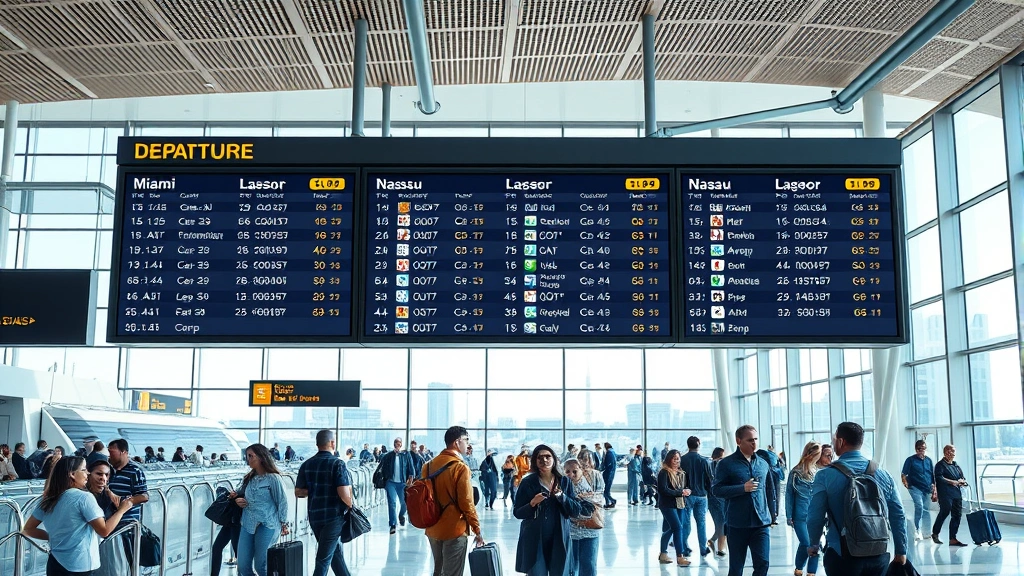 Modern airport departure board showing Miami-Nassau flight times and prices, busy terminal with travelers, natural daylight through large windows, realistic detail