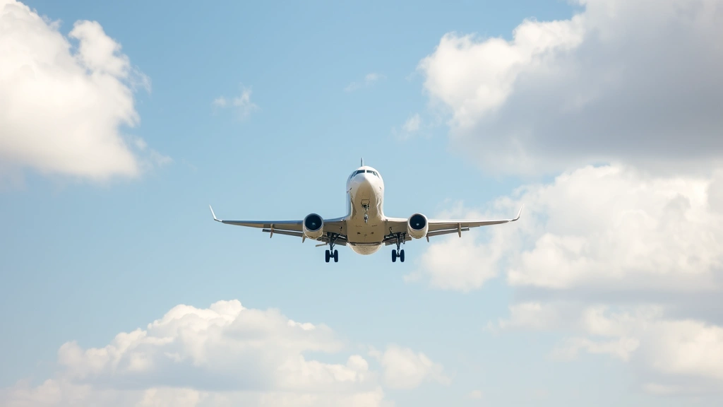 Commercial aircraft flying through clear blue sky with white clouds, photographed from ground level showing modern jet approaching landing