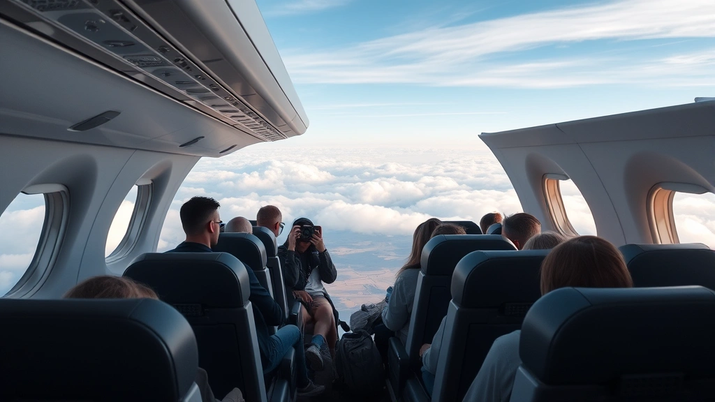 Modern aircraft cabin interior during daytime flight with window views of clouds and landscape below, passengers in comfortable seating
