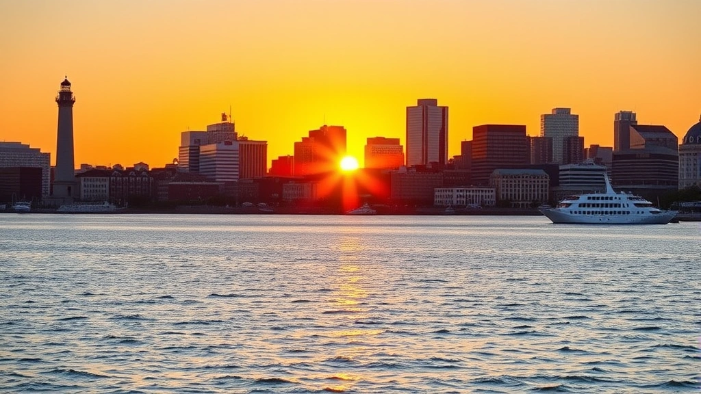 Boston waterfront skyline at sunset with historic buildings and harbor reflecting travel destination appeal, lighthouse and modern architecture