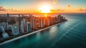 Aerial view of Miami skyline with ocean and downtown buildings during golden hour sunset, professional travel photography style
