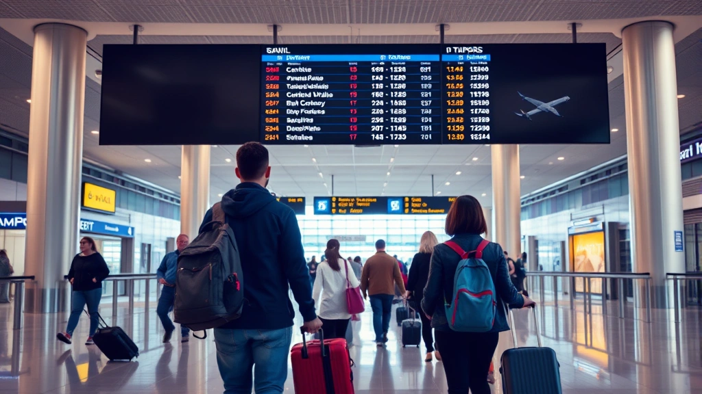 Modern airport terminal interior with departure board and travelers with luggage, busy gate area professional travel scene