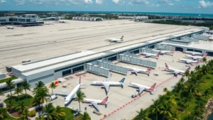 Aerial view of Miami International Airport with multiple aircraft parked at gates, palm trees surrounding the terminal, sunny Florida weather, professional aviation photography style, daytime