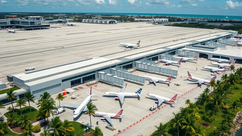 Aerial view of Miami International Airport with multiple aircraft parked at gates, palm trees surrounding the terminal, sunny Florida weather, professional aviation photography style, daytime