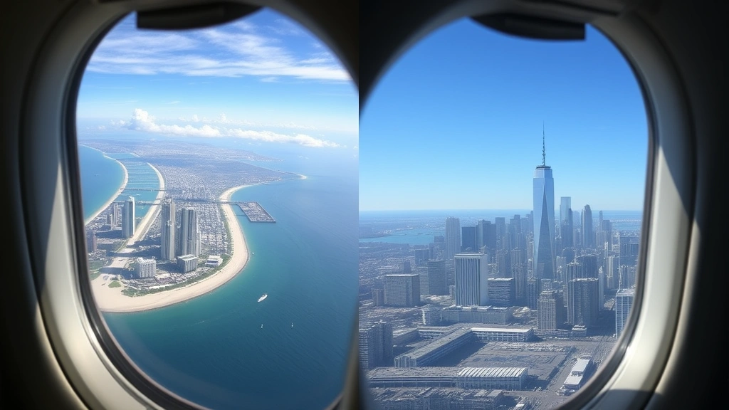 Split-screen comparison of Miami beach skyline and New York City Manhattan skyline from aircraft window views during flight, both cities visible clearly, natural lighting through plane window