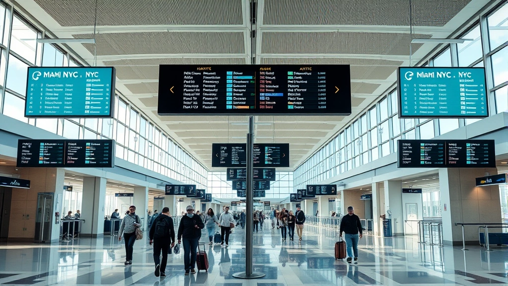 Modern airport terminal interior showing departure boards displaying Miami-NYC flight information, travelers walking through spacious hall with natural light, contemporary airport architecture