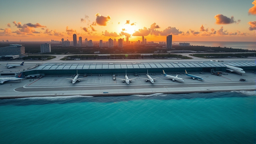 Aerial sunrise view of Miami International Airport with multiple commercial aircraft at gates, turquoise ocean water and city skyline in background, professional aviation photography