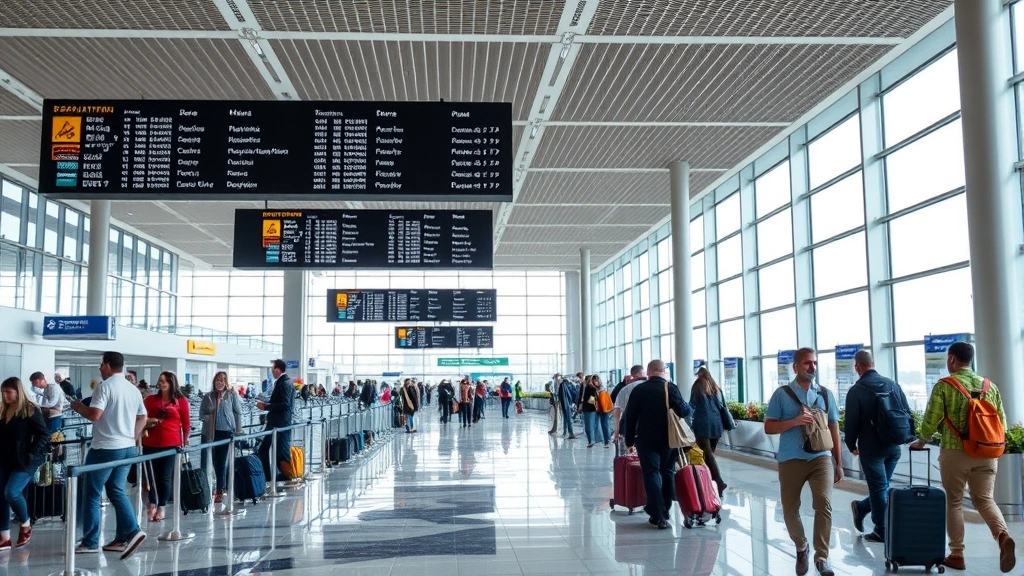 Busy modern airport terminal interior showing departure boards, passengers at departure gates with luggage, large windows with natural daylight, contemporary airport design