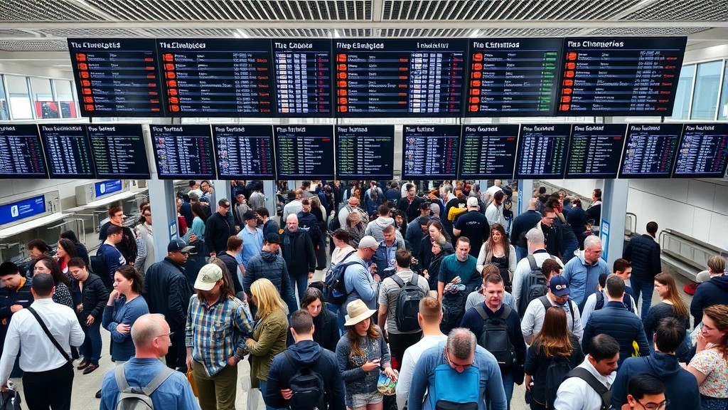 Crowded airport terminal with travelers at check-in counters and security lines, flight information displays overhead, typical busy domestic travel scene, realistic airport environment