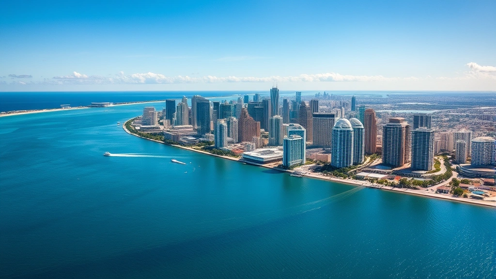 Aerial view of Miami skyline with Biscayne Bay, downtown buildings and ocean horizon, bright sunny Florida day, photorealistic travel photography