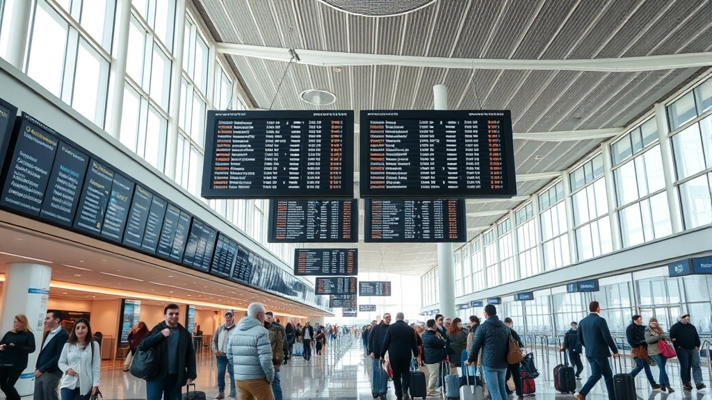 Modern airport terminal interior with departure boards, travelers with luggage, natural lighting, clean contemporary design, busy but organized atmosphere