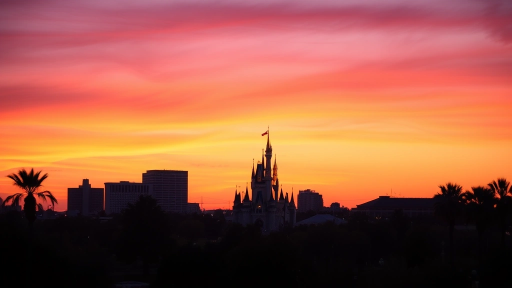 Orlando theme park skyline at sunset with distant castle silhouette, palm trees, purple and orange sky, magical vacation destination aesthetic, photorealistic travel imagery