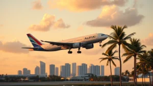 Modern commercial aircraft taking off from Miami International Airport with palm trees and Florida skyline visible in background during golden hour sunset lighting