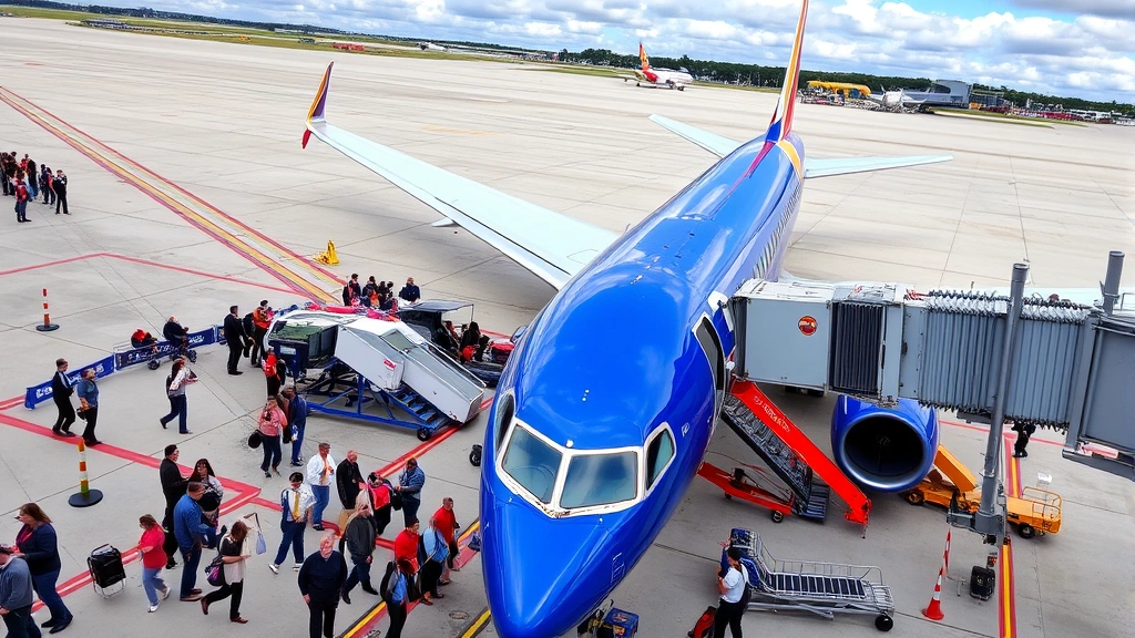 Overhead view of passengers boarding Southwest Airlines aircraft at Tampa International Airport gate, showing busy terminal activity and boarding process