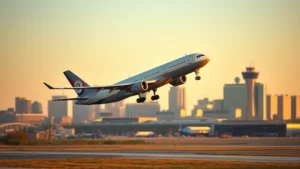 Modern commercial aircraft taking off from Minneapolis-St. Paul International Airport with city skyline in background, morning light, realistic photography
