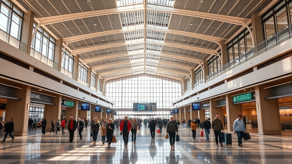 Denver International Airport terminal interior with passengers walking, modern architecture, natural lighting, bustling travel scene, photorealistic