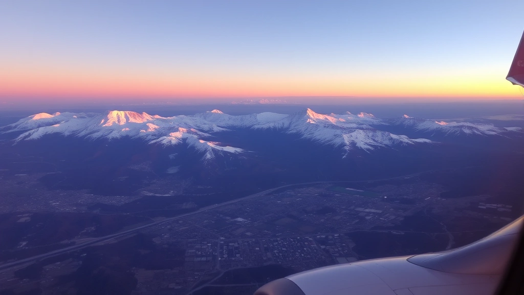 Mountain landscape view from airplane window showing Colorado Rocky Mountains with snow-capped peaks and Denver sprawling below at sunset