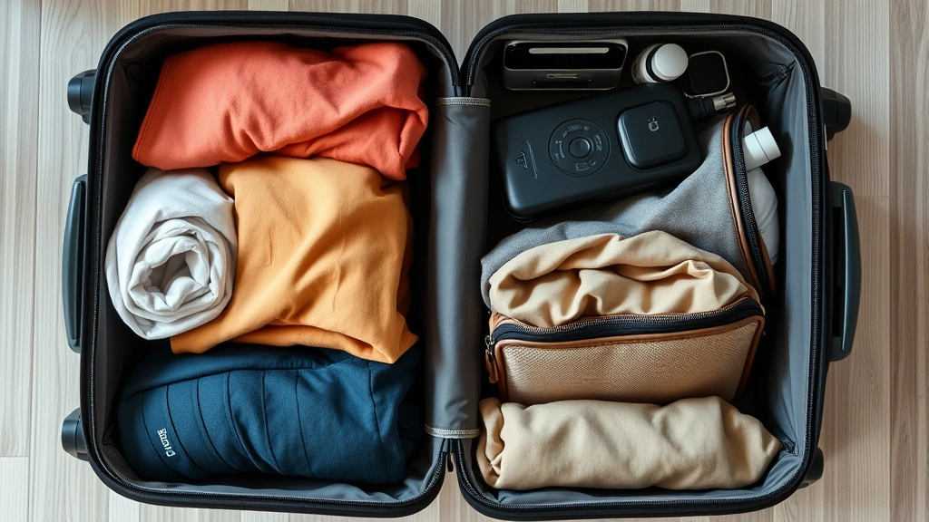 Overhead view of organized carry-on luggage with neatly rolled clothes, tech accessories, and toiletry bag visible inside, natural daylight, travel preparation concept