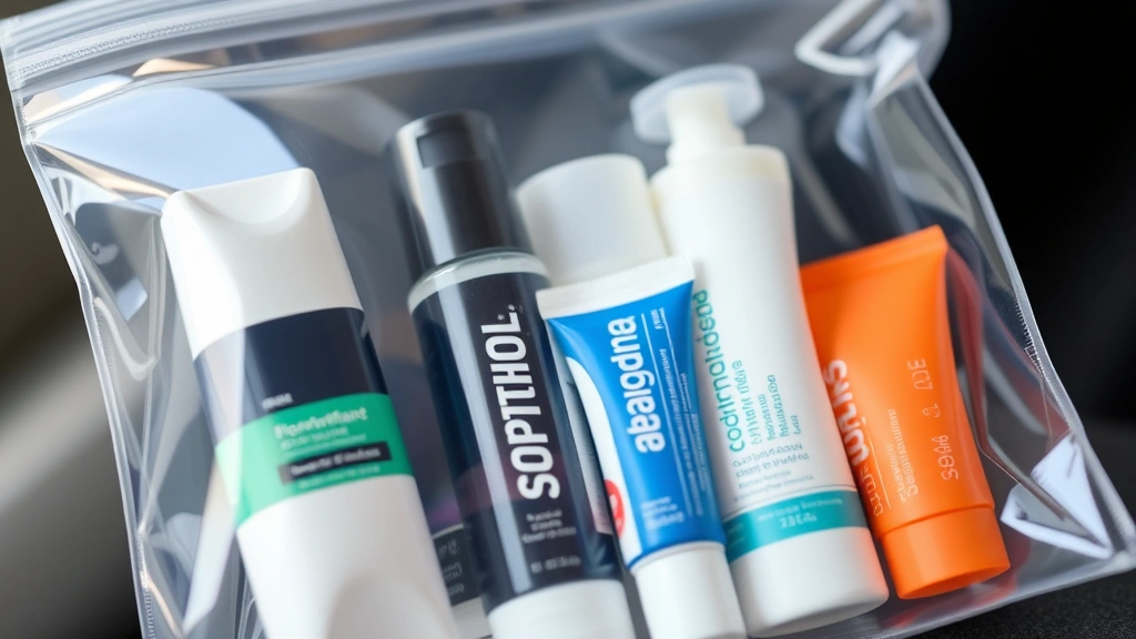 Close-up of TSA-compliant quart-sized clear plastic bag containing travel-sized toiletries, deodorant, toothpaste, and moisturizer bottles arranged neatly