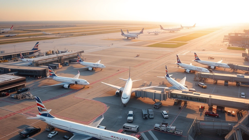 Overhead view of Philadelphia International Airport tarmac with commercial aircraft parked at gates, morning light, bustling airport activity visible