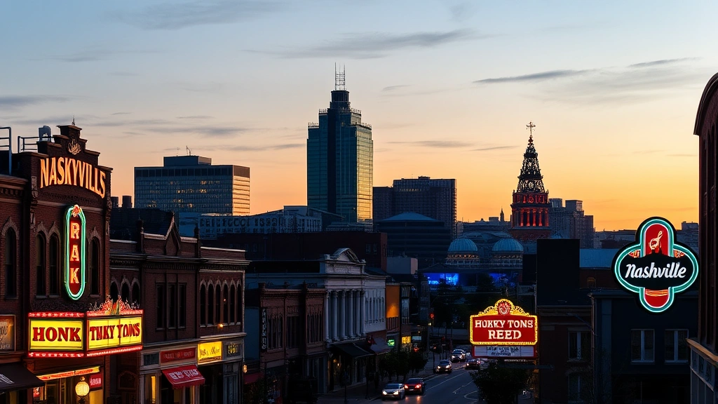 Nashville skyline featuring illuminated honky-tonks and Music Row buildings at dusk, street-level view showing historic architecture and neon signs