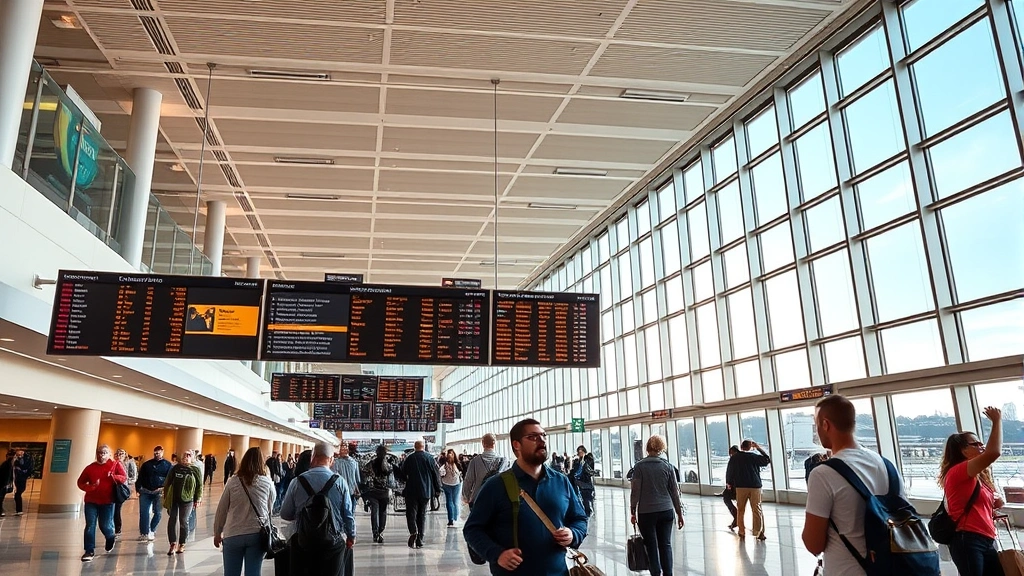 Boston Logan Airport terminal interior with travelers checking flight information displays, modern architecture with natural lighting from large windows