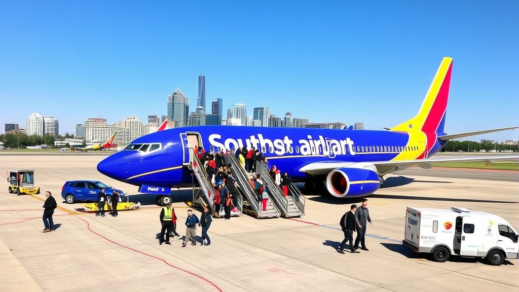Passengers boarding Southwest Airlines aircraft on tarmac with Nashville skyline in background, ground crew and catering vehicles visible