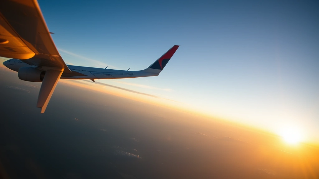 Modern narrow-body aircraft (Boeing 737 or Airbus A320) in flight over landscape during golden hour, photographed from another aircraft showing wing and sky, commercial airline livery visible, realistic professional aviation photography