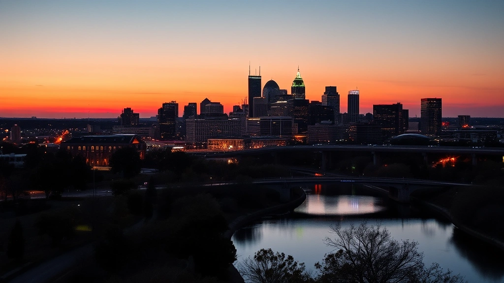 Austin skyline at sunset with Colorado River in foreground, Lady Bird Lake visible, downtown buildings illuminated, natural warm lighting, no signs or text visible, scenic cityscape photography
