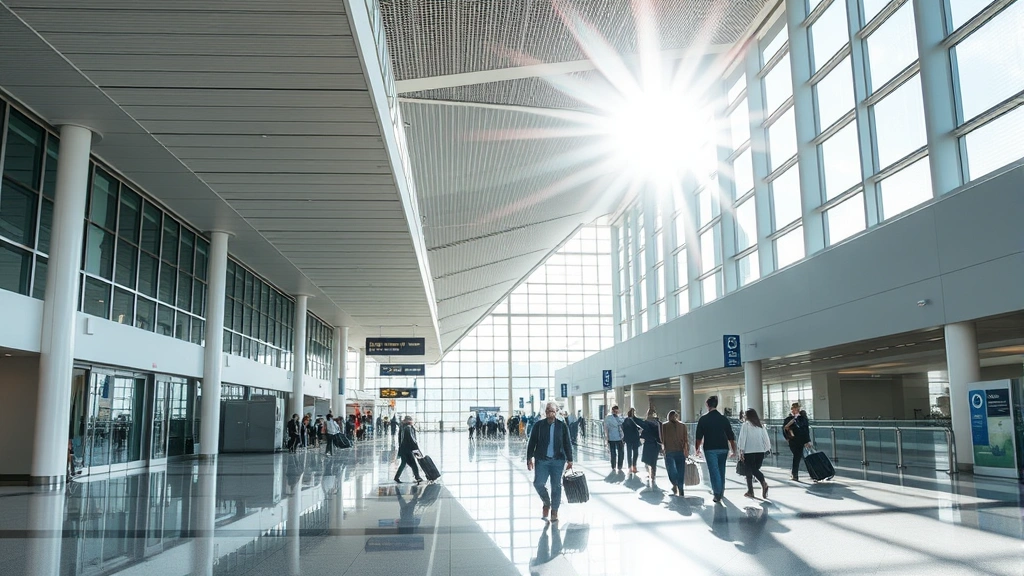 Columbus John Glenn International Airport terminal interior with modern architecture, sunlight streaming through windows, contemporary design, travelers with luggage, clean professional airport environment, no visible signage or identifying text
