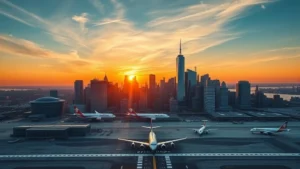 Aerial view of New York City skyline with JFK airport terminals and planes on tarmac at sunset, showing urban landscape and runway approach