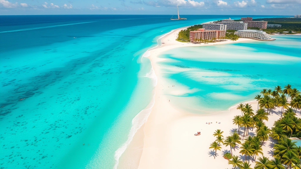 Turquoise Caribbean waters and white sand beach in Cancun Mexico with resort buildings and palm trees, aerial tropical paradise view