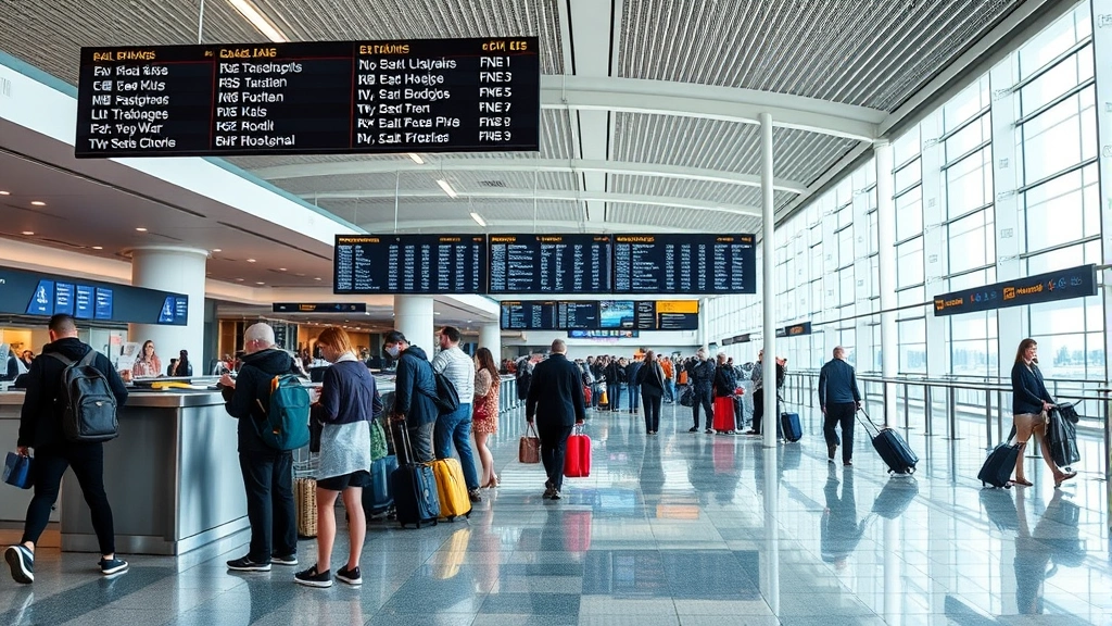 Busy airport terminal interior with travelers checking luggage at counter, flight information boards displaying destinations, modern airport architecture