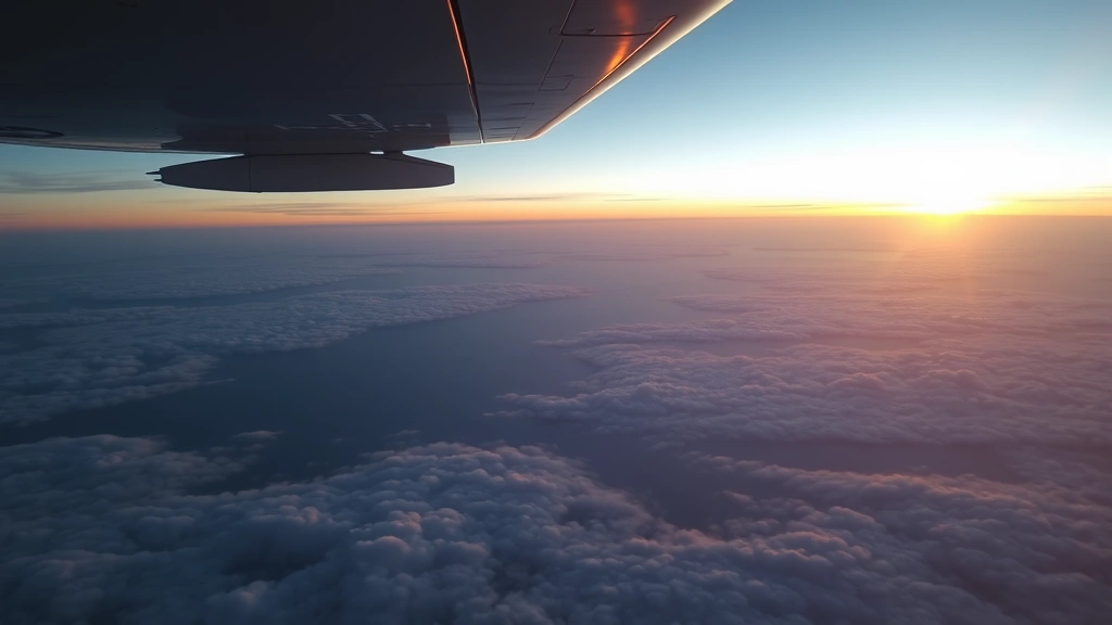 Aerial view of transatlantic flight over ocean with sunrise, commercial aircraft wing visible, clouds below, dawn light on horizon, realistic travel photography
