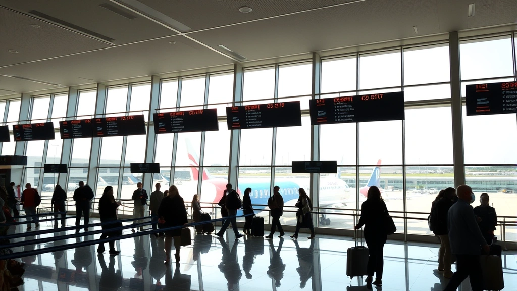 Modern airport terminal interior with travelers at gate area, large windows showing parked aircraft, departure boards visible in background, natural lighting, bustling travel scene