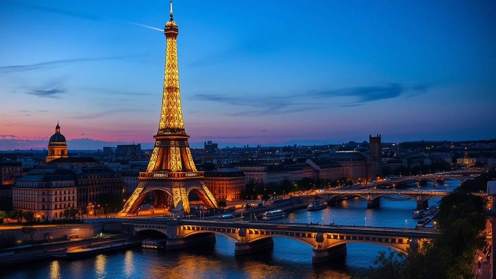 Paris cityscape at dusk with Eiffel Tower illuminated, Seine River reflecting lights, historic buildings, evening atmosphere, romantic destination photography, no text overlays