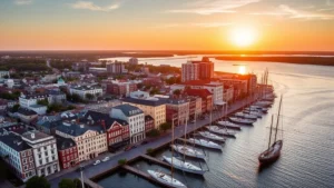 Aerial view of Charleston's historic waterfront district with colorful buildings and sailboats in the harbor at golden hour, vibrant coastal city landscape