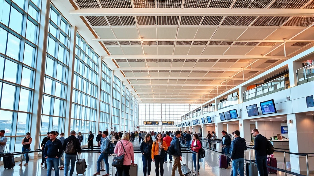 Charleston International Airport departure hall with travelers checking in, modern airport architecture, glass windows, and bright interior lighting