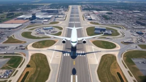 Aerial view of Newark Liberty International Airport with runway perspective, commercial aircraft in flight approaching terminal, New Jersey landscape visible below, professional aviation photography, bright daylight conditions